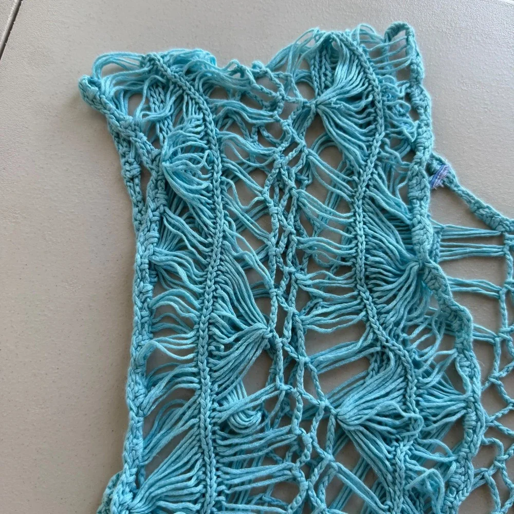 Women's Turquoise Aqua Blue Open Crochet Macrame Knit Pearl Button Beach Coverup